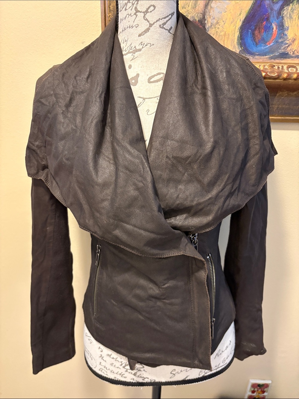 Vince Dark distressed leather ribbed fabric Draped Collar Zippered Bomber Jacket